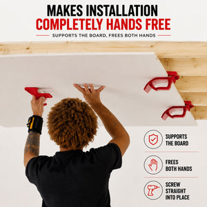 Board Aid holding a ceiling plasterboard sheet securely while allowing completely hands-free plasterboard and drywall installation.