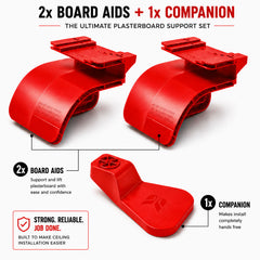 Board Aid plasterboard and drywall support tool set including two Board Aids and one Companion for hands-free ceiling installation.